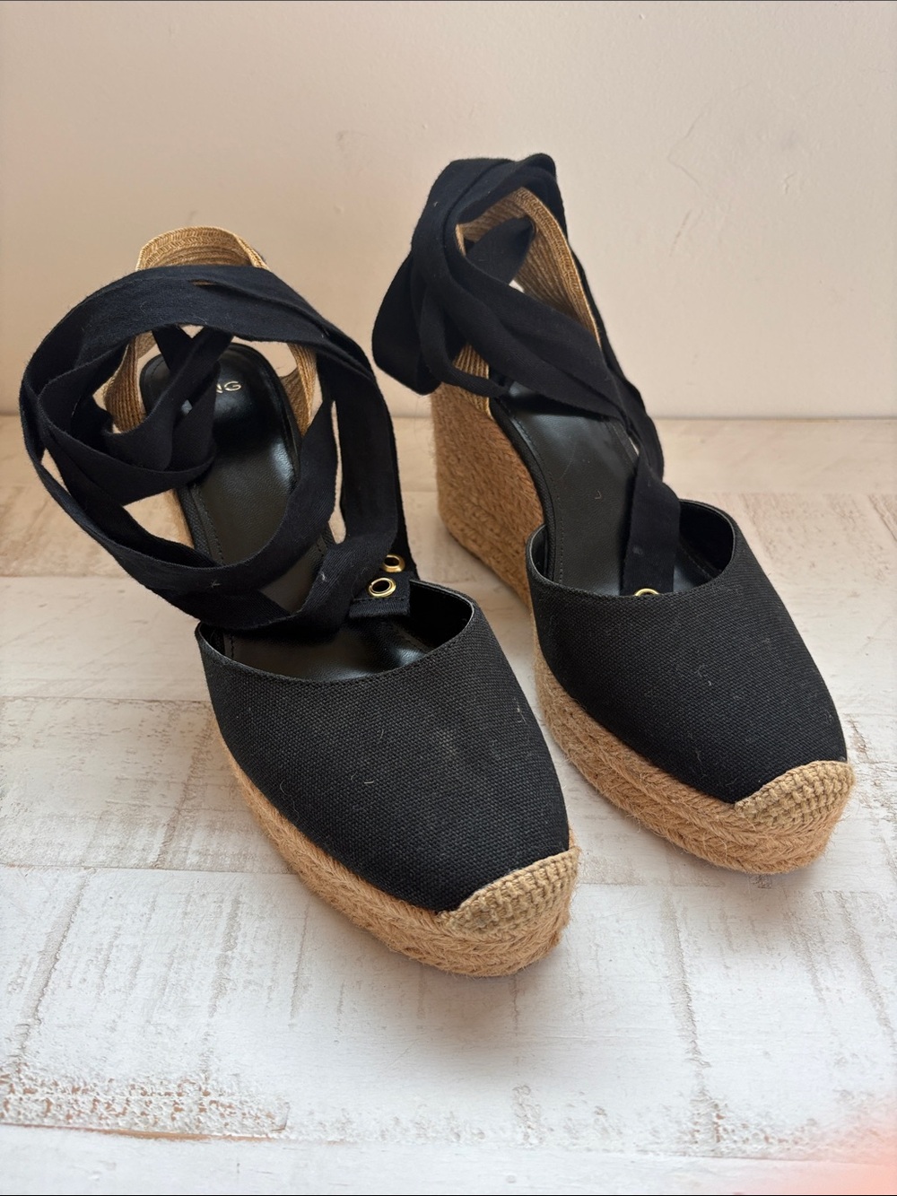 Black Canvas Espadrille Wedge Wrap-Ankle Sandals